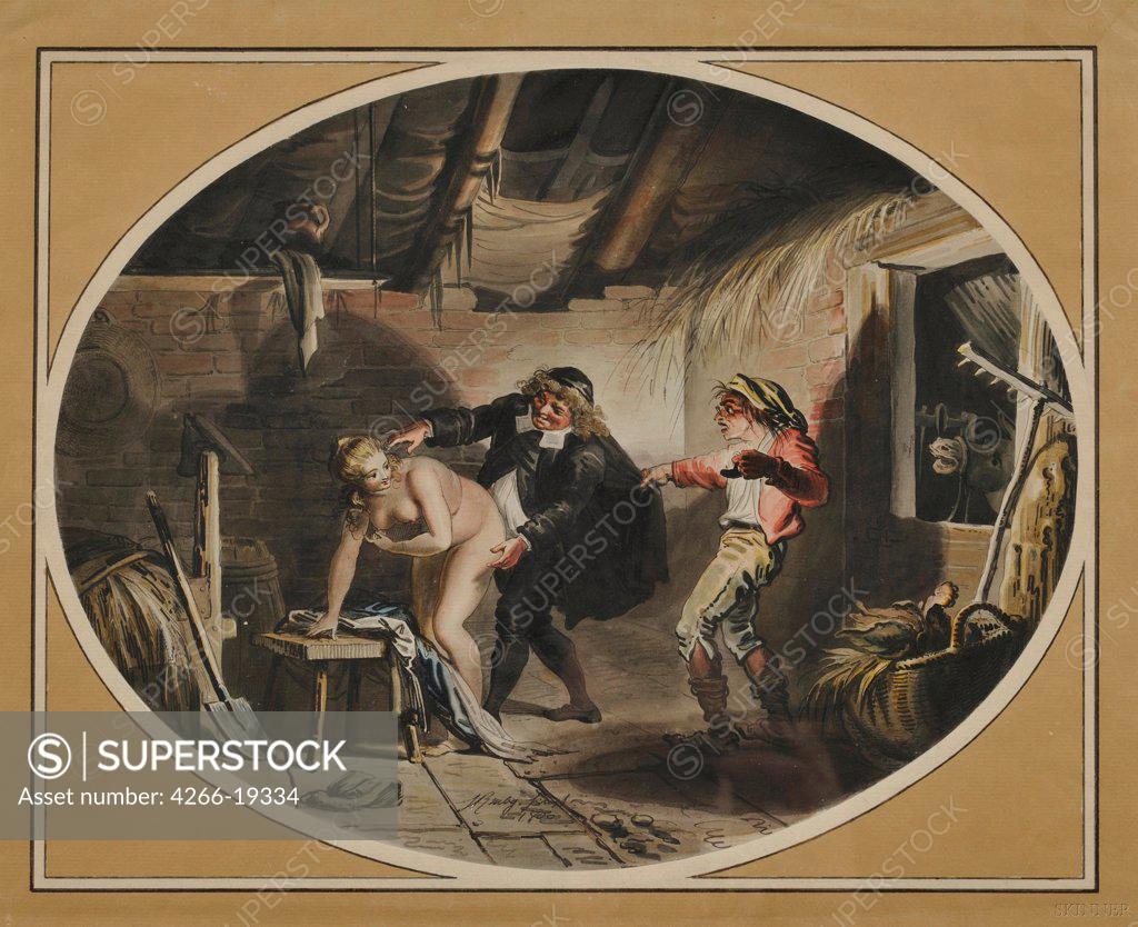 Stock Photo: 4266-19334 La Jument du compere Pierre (after the poem by Jean de La Fontaine) by Ramberg, Johann Heinrich (1763-1840)/ Private Collection/ 1800/ Germany/ Copper engraving, watercolour/ Rococo/ 33,5x41/ Genre
