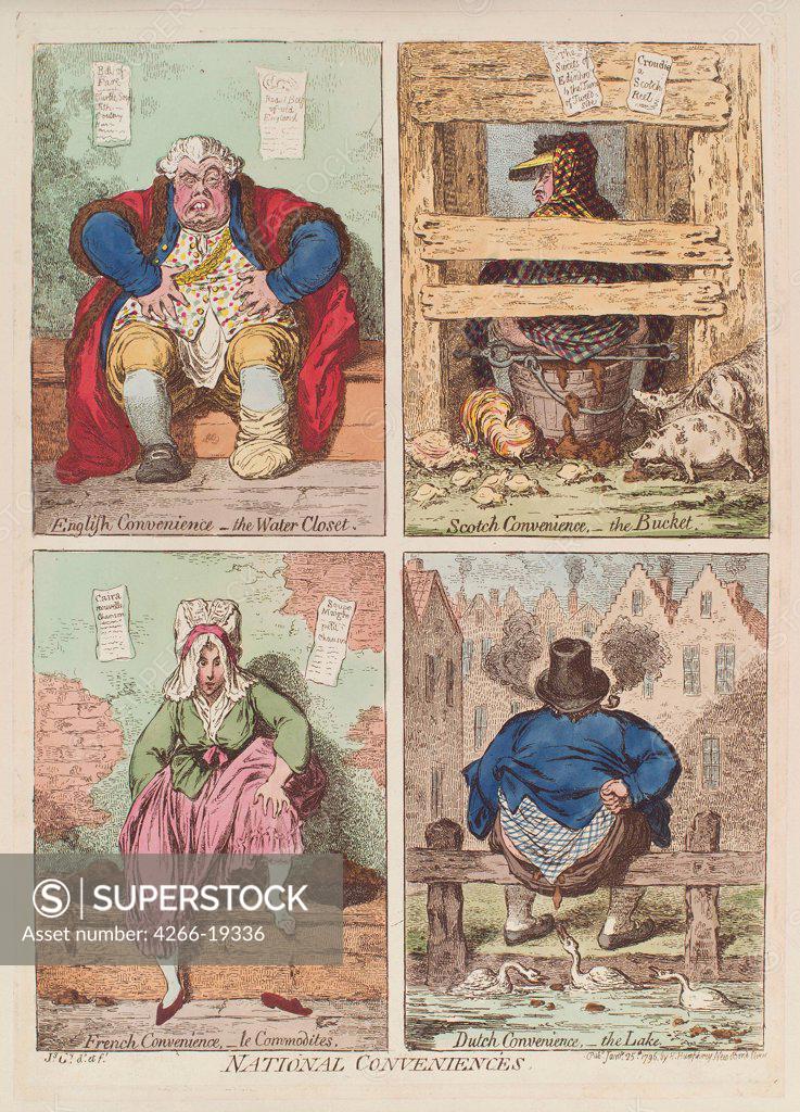 Stock Photo: 4266-19336 National conveniences by Gillray, James (1757-1815)/ Private Collection/ 1769/ England/ Etching, watercolour/ Caricature/ Genre
