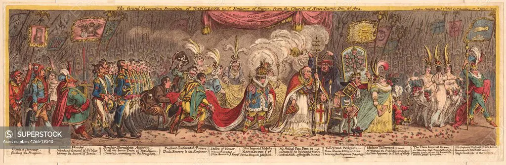 The Grand Coronation Procession of Napoleon the 1st Emperor of France, from the church of Notre-Dame by Gillray, James (1757-1815)/ Private Collection/ 1805/ England/ Etching, watercolour/ Caricature/ 24x78,7/ History