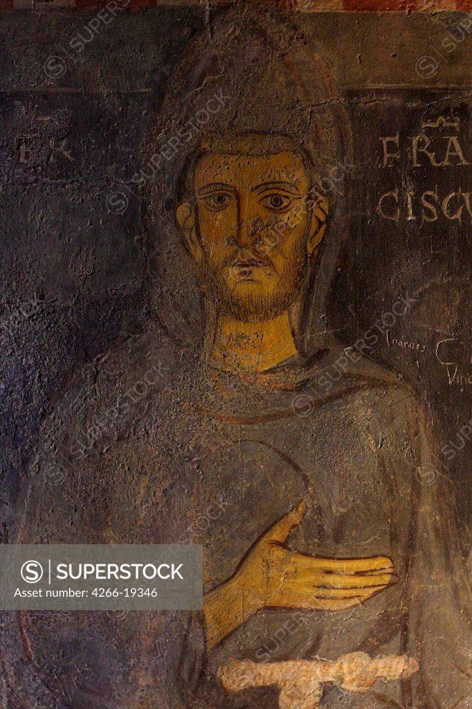 Stock Photo: 4266-19346 Saint Francis of Assisi (Detail of his oldest portrait) by Anonymous  / Abbazia di Santa Scolastica, Subiaco/ 13th century/ Italy, Roman School/ Wall painting on plaster/ Gothic/ Portrait,Bible