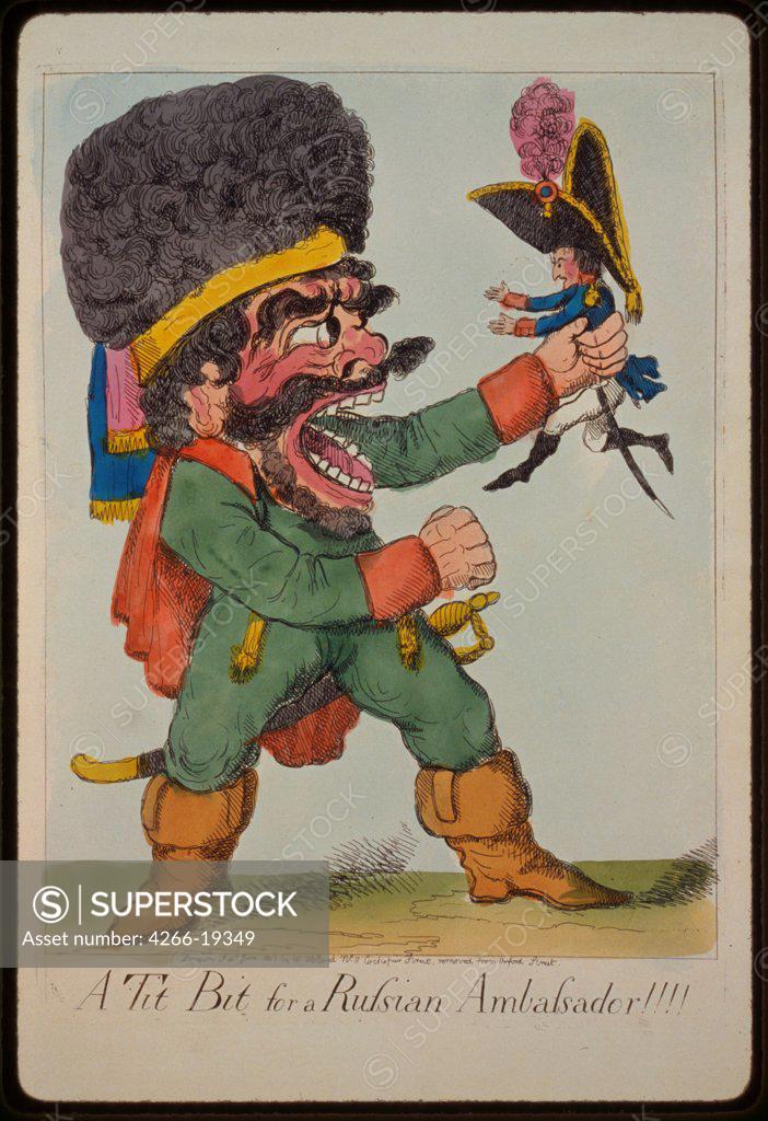 Stock Photo: 4266-19349 A tit bit for a Russian ambassador!!! by Anonymous  / Private Collection/ 1803/ England/ Colour lithograph/ Caricature/ History