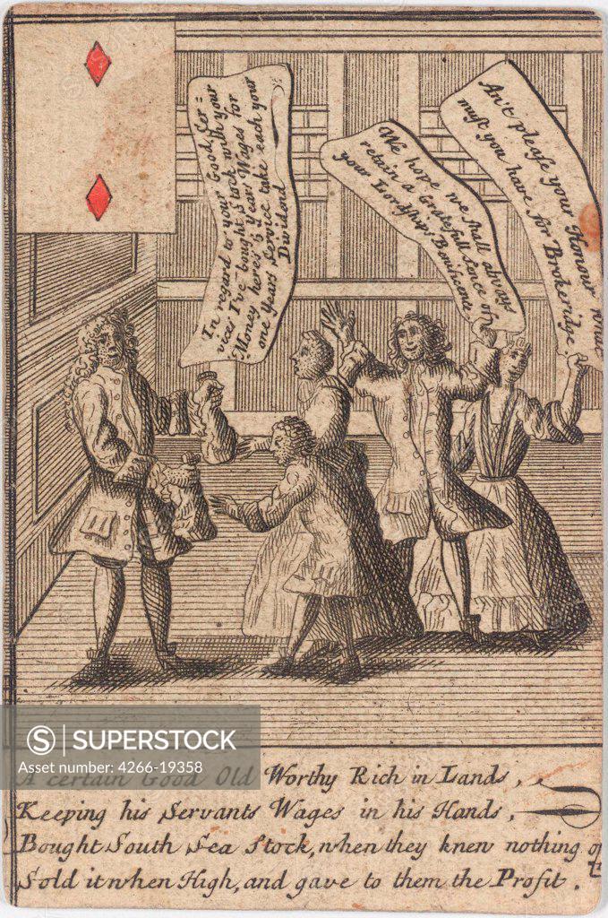 Stock Photo: 4266-19358 South Sea Bubble Playing Card by Anonymous  / Private Collection/ ca 1720/ England/ Copper engraving, watercolour/ Caricature/ Genre,History