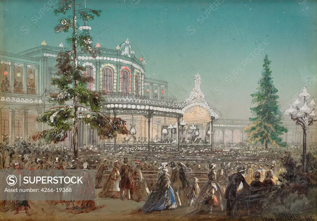 Celebration of the 25th Anniversary of Tsarskoe Selo Railroad at the Pavlovsk Railway Station Concert Hall by Charlemagne, Adolf (1826-1901)/ Private Collection/ 1862/ Russia/ Gouache on cardboard/ Academic art/ 20x27,5/ Genre