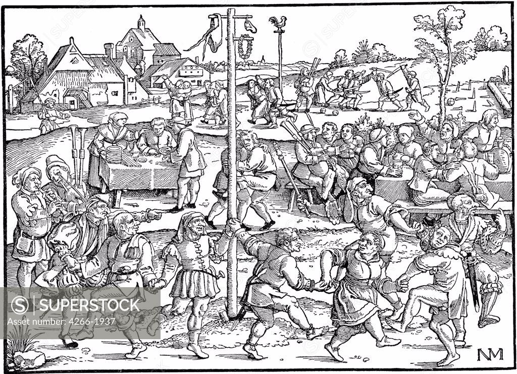 Stock Photo: 4266-1937 May Pole by Hans Sebald Beham, woodcut, 1534, 1500-1550, Private Collection, 39, 6x36, 3