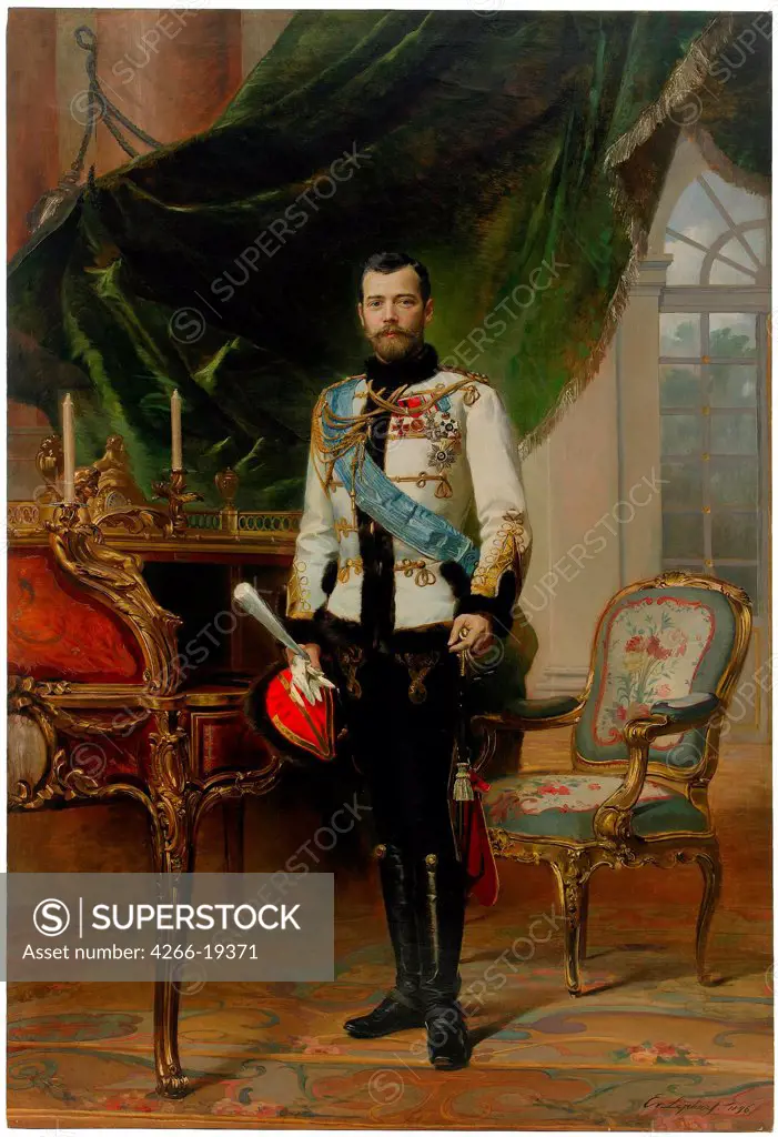 Portrait of Emperor Nicholas II (1868-1918) by Liphart, Ernest Karlovich (1847-1932)/ Private Collection/ 1896/ Russia/ Oil on canvas/ Academic art/ 253x173/ Portrait