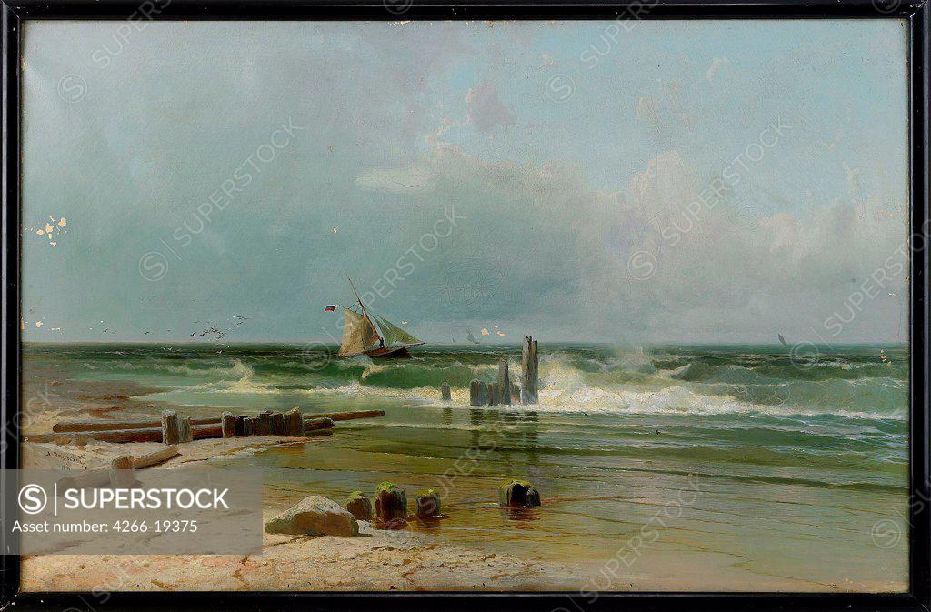 Stock Photo: 4266-19375 A Sailing boat by the beach by Meshchersky, Arseni Ivanovich (1834-1902)/ Private Collection/ 1891/ Russia/ Oil on canvas/ Realism/ 106,5x164/ Landscape