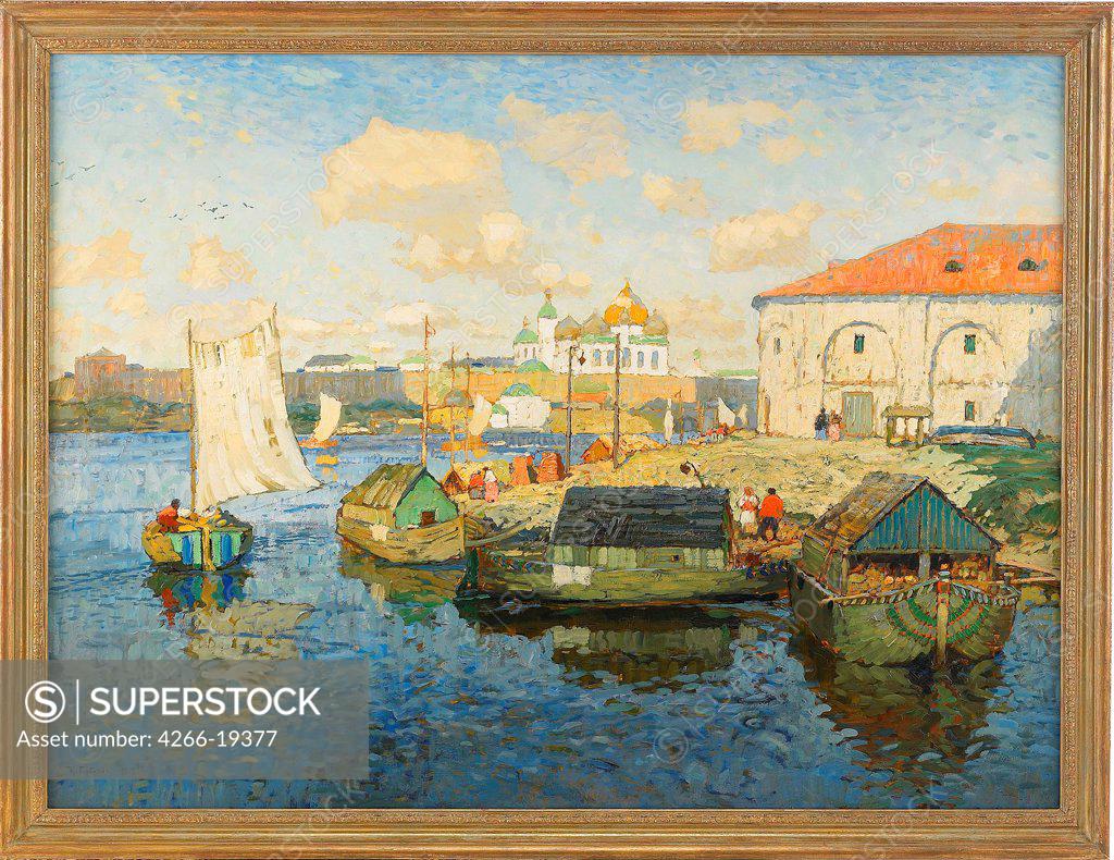 Stock Photo: 4266-19377 Town on the Volga River by Gorbatov, Konstantin Ivanovich (1876-1945)/ Private Collection/ 1913/ Russia/ Oil on canvas/ Realism/ 107x142/ Landscape