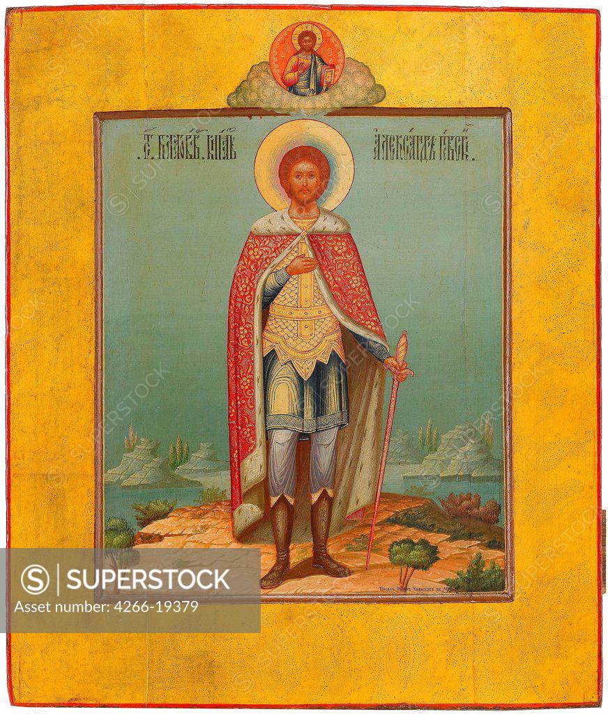 Stock Photo: 4266-19379 Saint Alexander Nevsky by Chirikov, Osip Semionovich (?-1903)/ Private Collection/ 19th century/ Russia, Moscow School/ Tempera on panel/ Russian icon painting/ 31x26,5/ Bible,History