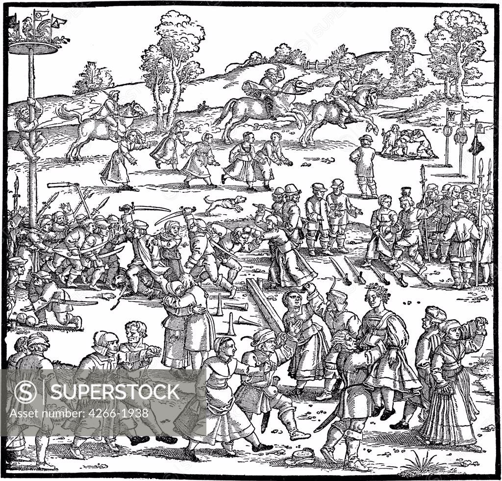 Stock Photo: 4266-1938 Country Festival by Hans Sebald Beham, woodcut, 1539, 1500-1550, Private Collection