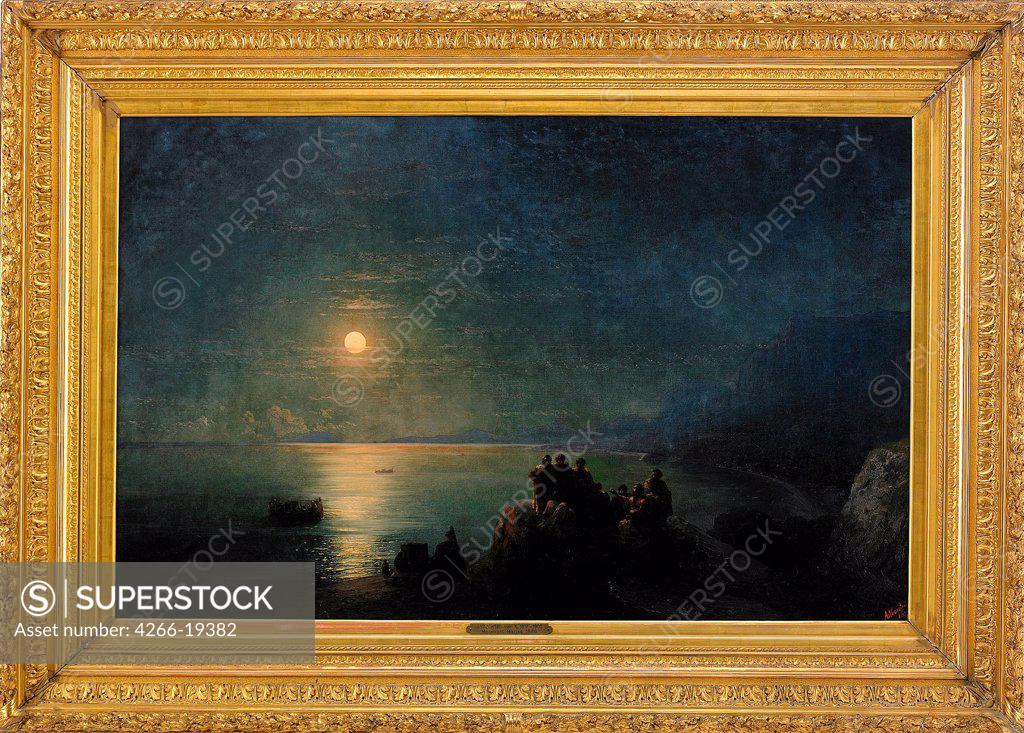 Stock Photo: 4266-19382 Ancient Greek poets by the water's edge in the Moonlight by Aivazovsky, Ivan Konstantinovich (1817-1900)/ Private Collection/ 1886/ Russia/ Oil on canvas/ Romanticism/ 90x148/ Landscape,Genre