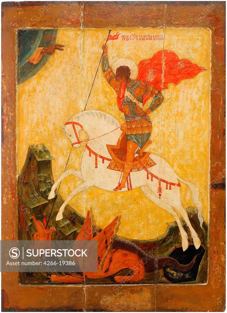 Stock Photo: 4266-19386 Saint George and the Dragon by Russian icon  / Private Collection/ ca. 1600/ Russia, Novgorod School/ Tempera on panel/ Russian icon painting/ 118x84/ Bible