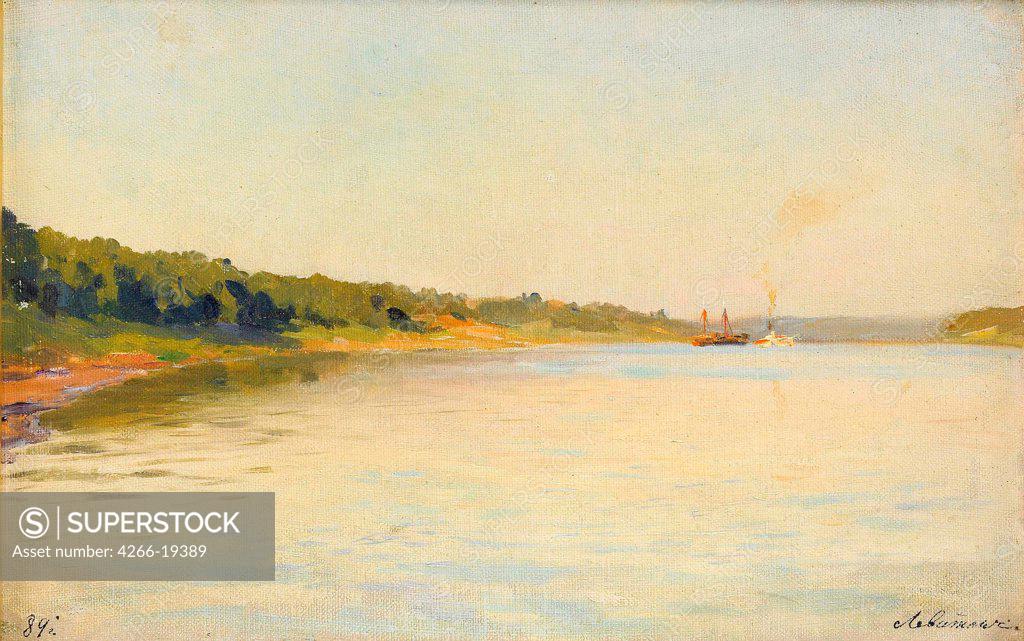 Stock Photo: 4266-19389 The Volga River Bank by Levitan, Isaak Ilyich (1860-1900)/ Private Collection/ 1889/ Russia/ Oil on canvas/ Realism/ 21x35/ Landscape