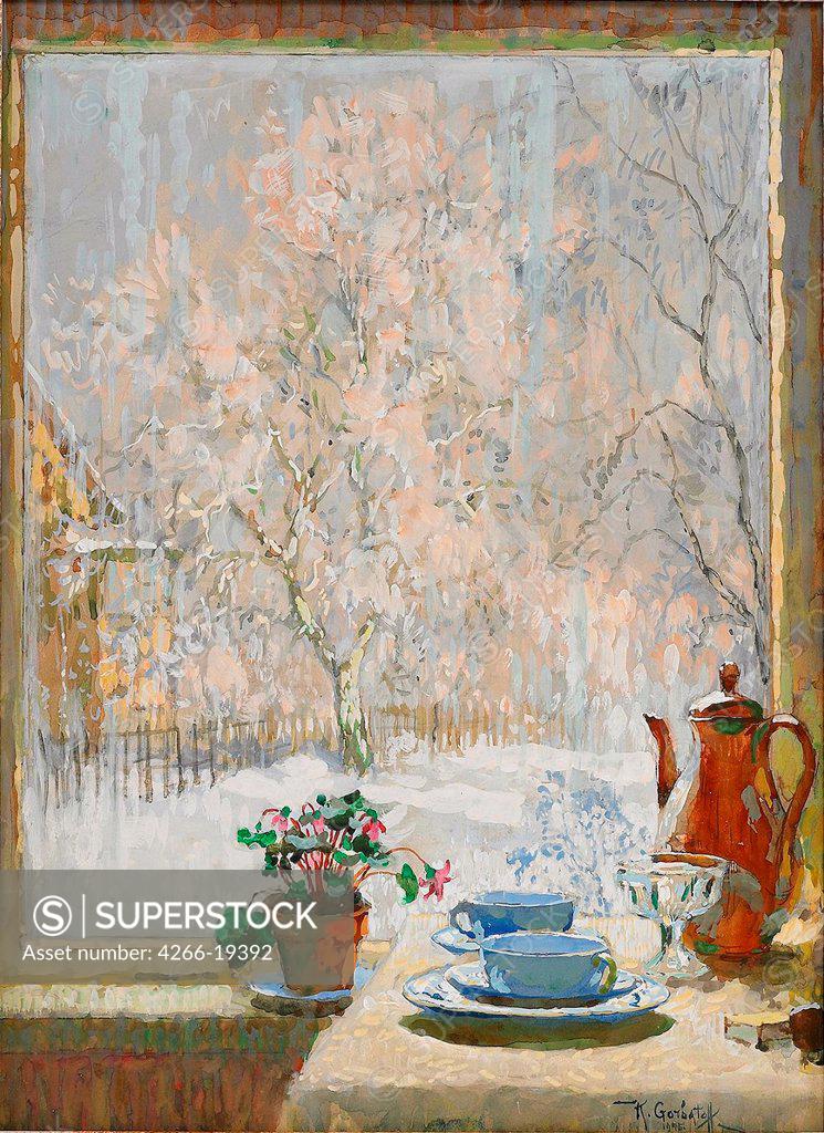 Stock Photo: 4266-19392 Through the Window in Winter by Gorbatov, Konstantin Ivanovich (1876-1945)/ Private Collection/ 1945/ Russia/ Gouache on cardboard/ Realism/ 47,6x34,9/ Landscape,Still Life