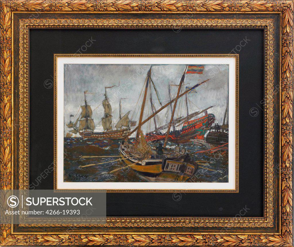 Stock Photo: 4266-19393 Ships at the Time of Peter I by Lanceray (Lansere), Evgeny Evgenyevich (1875-1946)/ Private Collection/ 1909/ Russia/ Watercolour, Gouache on cardboard/ Russian Painting, End of 19th - Early 20th cen./ 30,5x42/ History