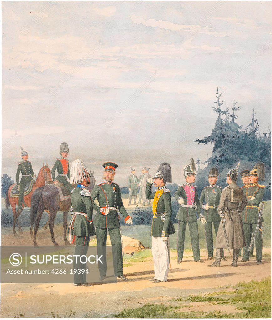 Stock Photo: 4266-19394 Officers from Uhlan Regiment by Balashov, Pyotr Ivanovich (?-1888)/ Private Collection/ 1887/ Russia/ Watercolour and white colour on paper/ Academic art/ 41x35/ Genre,History