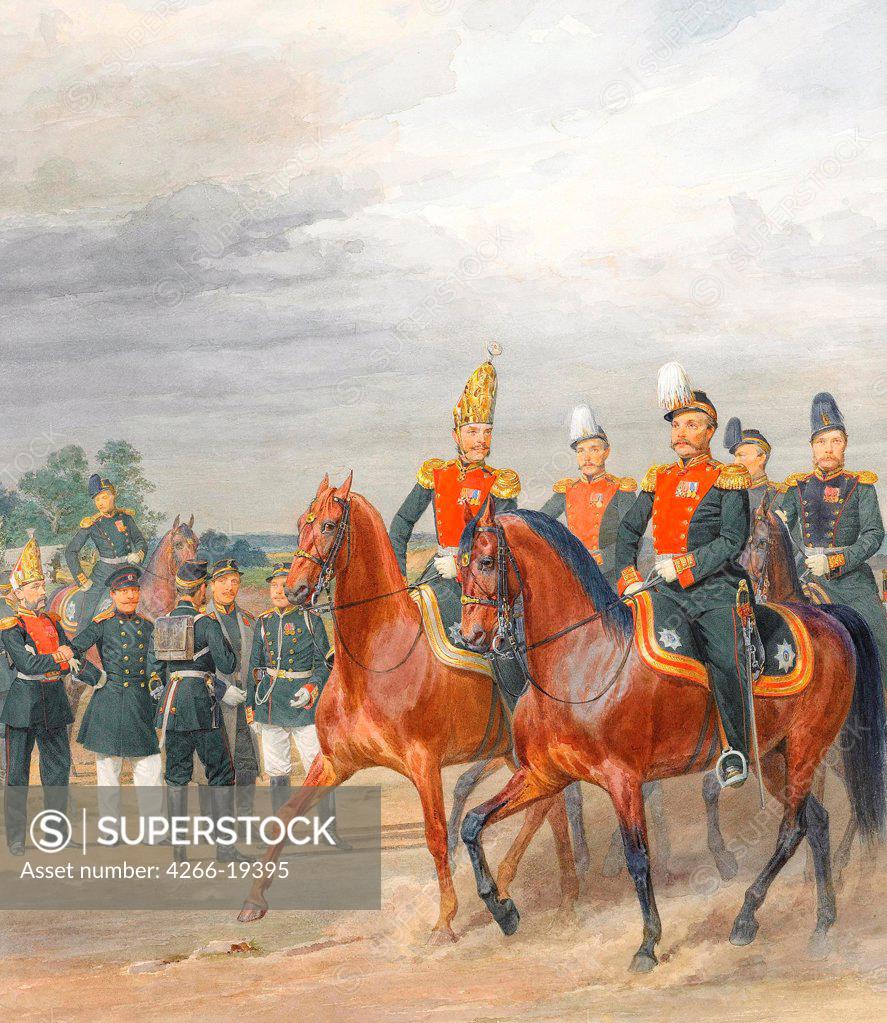 Stock Photo: 4266-19395 Officers from Cavalry Mounted Regiment by Piratsky, Karl Karlovich (1813-1889)/ Private Collection/ Russia/ Watercolour, Gouache on Paper/ Academic art/ 39,7x34,4/ Genre,History