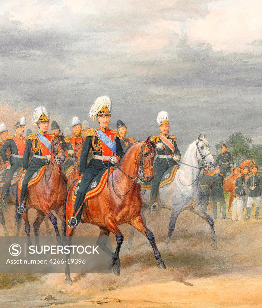 Stock Photo: 4266-19396 Officers of the Cavalry Mounted Regiment by Piratsky, Karl Karlovich (1813-1889)/ Private Collection/ Russia/ Watercolour, Gouache on Paper/ Academic art/ 40,5x34,5/ Genre,History