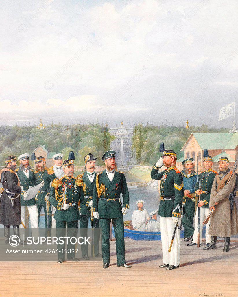 Stock Photo: 4266-19397 The Leib Guards in Peterhof by Balashov, Pyotr Ivanovich (?-1888)/ Private Collection/ 1874/ Russia/ Watercolour and white colour on paper/ Academic art/ Genre,History