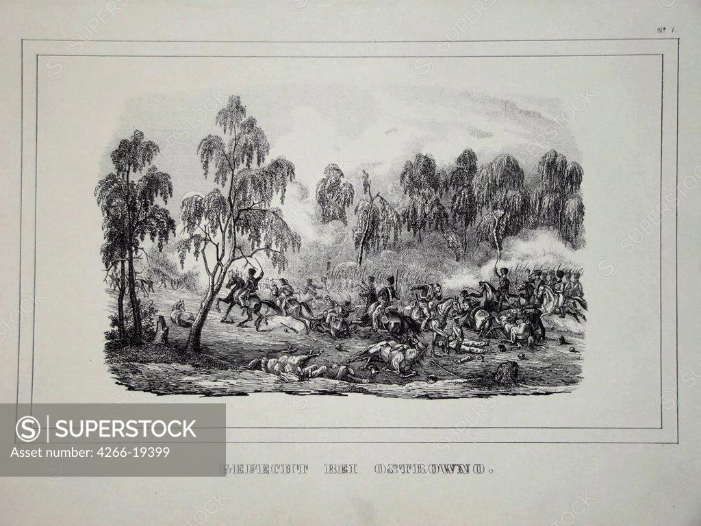 Stock Photo: 4266-19399 Battle between Russian troops and French cavalry near Ostrovno 25-26 July 1812 by Anonymous  / Private Collection/ France/ Copper engraving/ Neoclassicism/ History