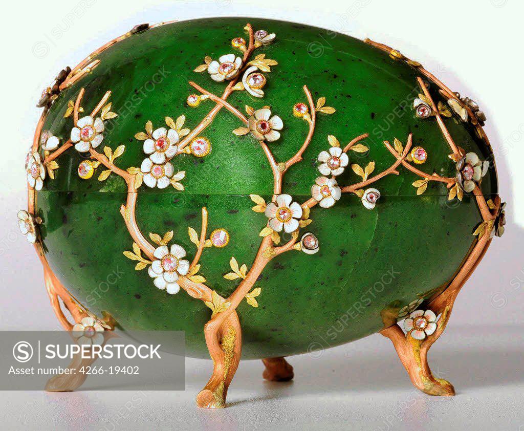 Stock Photo: 4266-19402 The Apple Blossom Egg by Pershin, Michail, (Faberge manufacture) (19th century)/ Private Collection/ 1901/ Russia/ Gold, enamel, gems/ Art Nouveau/ H 11,5/ Objects