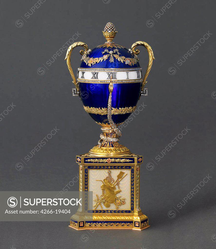 Stock Photo: 4266-19404 Blue Serpent Clock Egg by Pershin, Michail, (Faberge manufacture) (19th century)/ Private Collection/ 1895/ Russia/ Gold, enamel, gems/ Art Nouveau/ H 18,3/ Objects