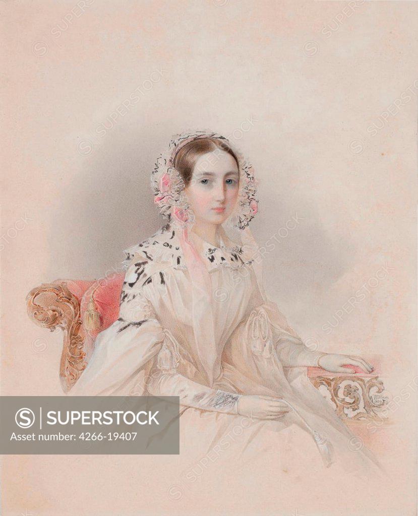 Stock Photo: 4266-19407 Portrait of Princess Therese of Nassau-Weilburg (1815-1871) by Hau (Gau), Vladimir Ivanovich (1816-1895)/ Private Collection/ 1838/ Russia/ Watercolour and white colour on paper/ Romanticism/ Portrait
