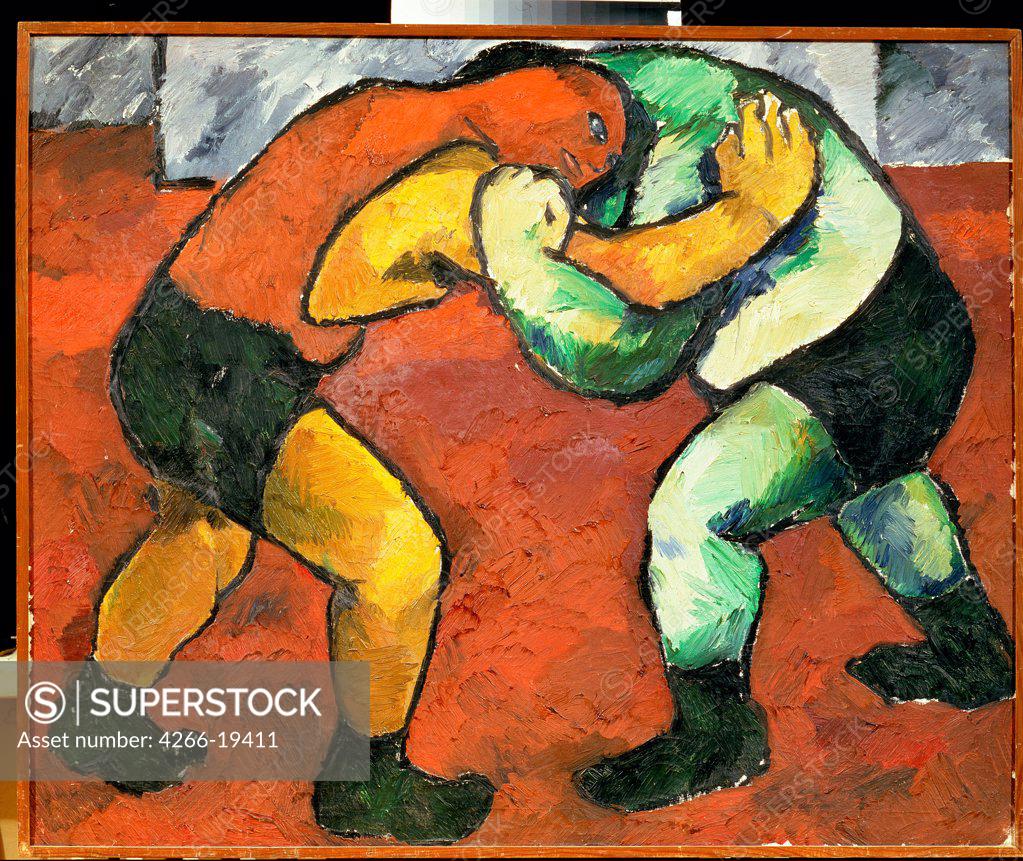 Stock Photo: 4266-19411 The Wrestlers by Goncharova, Natalia Sergeevna (1881-1962)/ State Russian Museum, St. Petersburg/ 1908-1909/ Russia/ Oil on canvas/ Russian avant-garde/ 100x122/ Genre