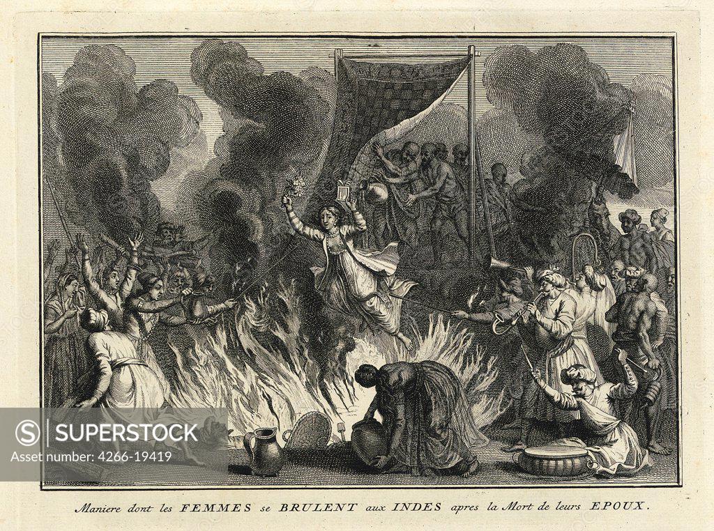Stock Photo: 4266-19419 Widow Burning in India by Picart, Bernard (1673_1733)/ Private Collection/ 1728/ France/ Etching/ Baroque/ Mythology, Allegory and Literature,History