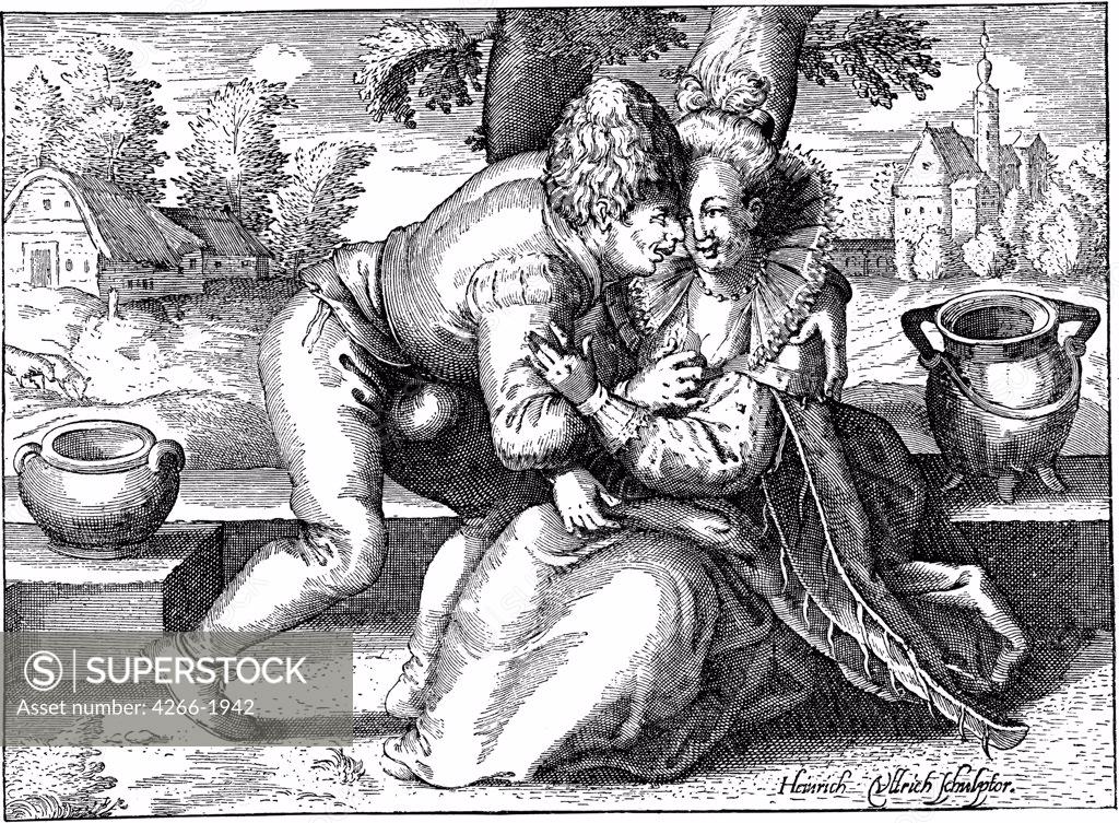 Stock Photo: 4266-1942 Village lovers by Heinrich Ullrich, Copper engraving, 1570-after 1621, Private Collection