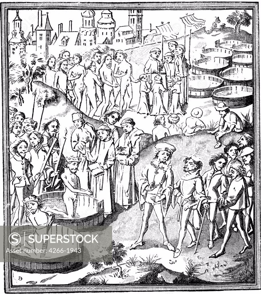 Stock Photo: 4266-1943 Baptism scene by unknown artist, Woodcut, circa 1460, Belgium, Brussels, Royal Library of Belgium