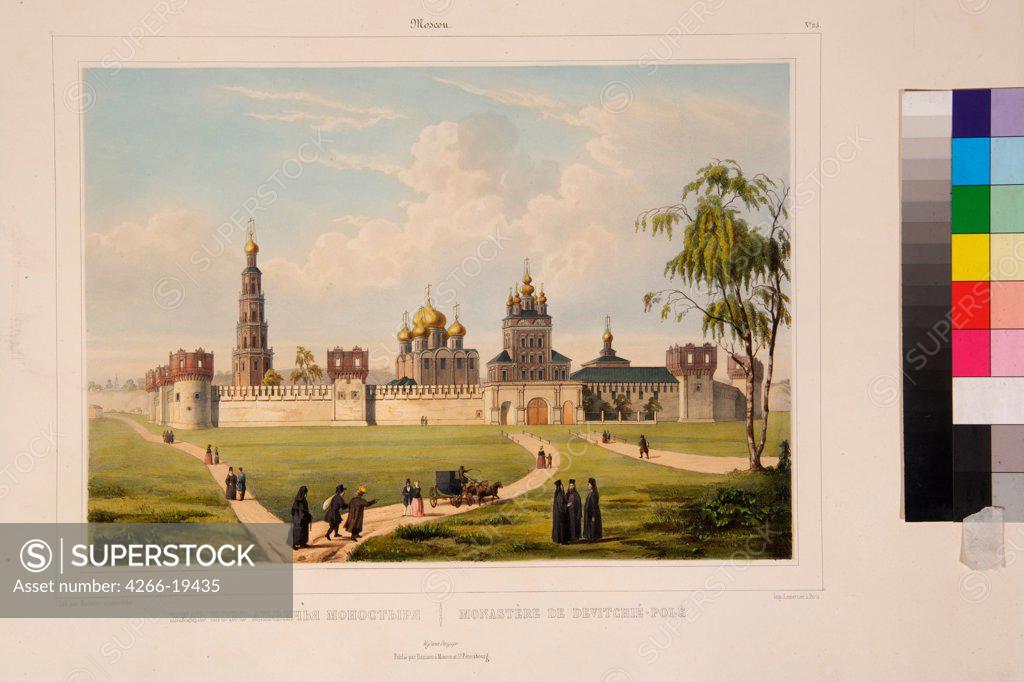 Stock Photo: 4266-19435 View of the Novodevichy Convent in Moscow by Bachelier, Charles-Claude (First half of 19th cen.)/ Museum of Private Collections in A. Pushkin Museum of Fine Arts, Moscow/ 1840s/ France/ Lithograph, watercolour/ Neoclassicism/ Architecture, Interior,Lands