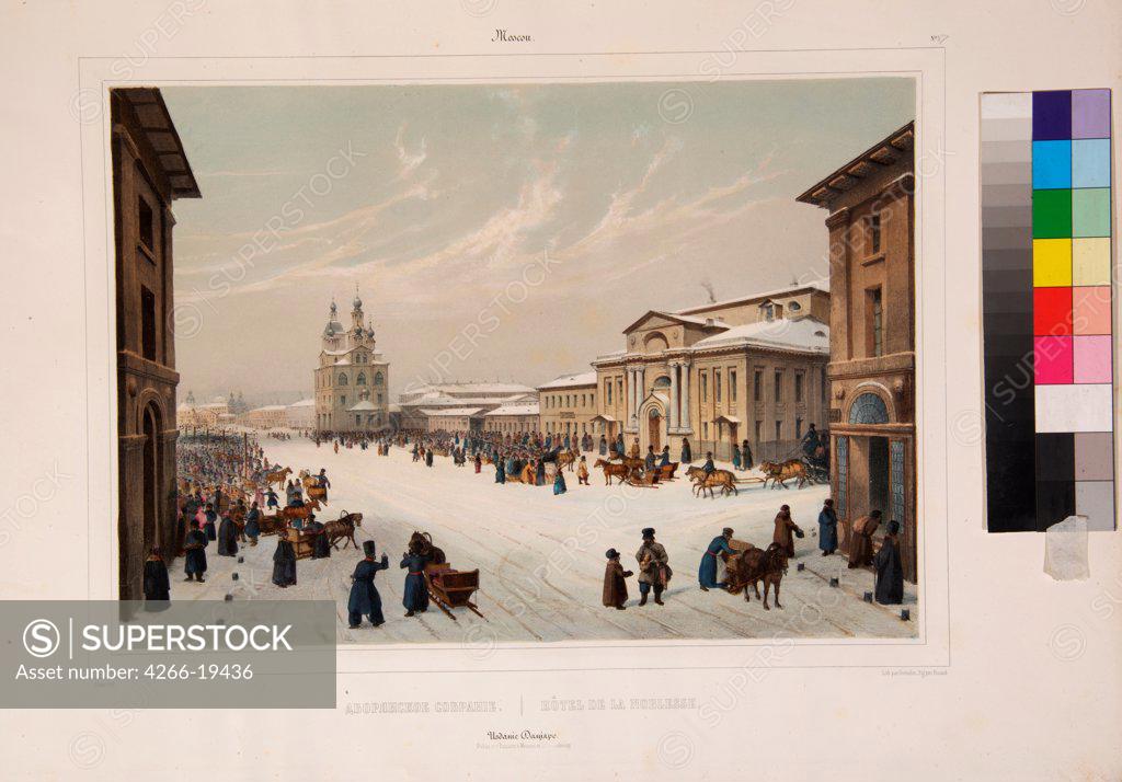 Stock Photo: 4266-19436 The Assembly of the Nobility House in Moscow by Roussel, Paul Marie (1804-1877)/ Museum of Private Collections in A. Pushkin Museum of Fine Arts, Moscow/ 1840s/ France/ Lithograph, watercolour/ Neoclassicism/ Architecture, Interior,Landscape