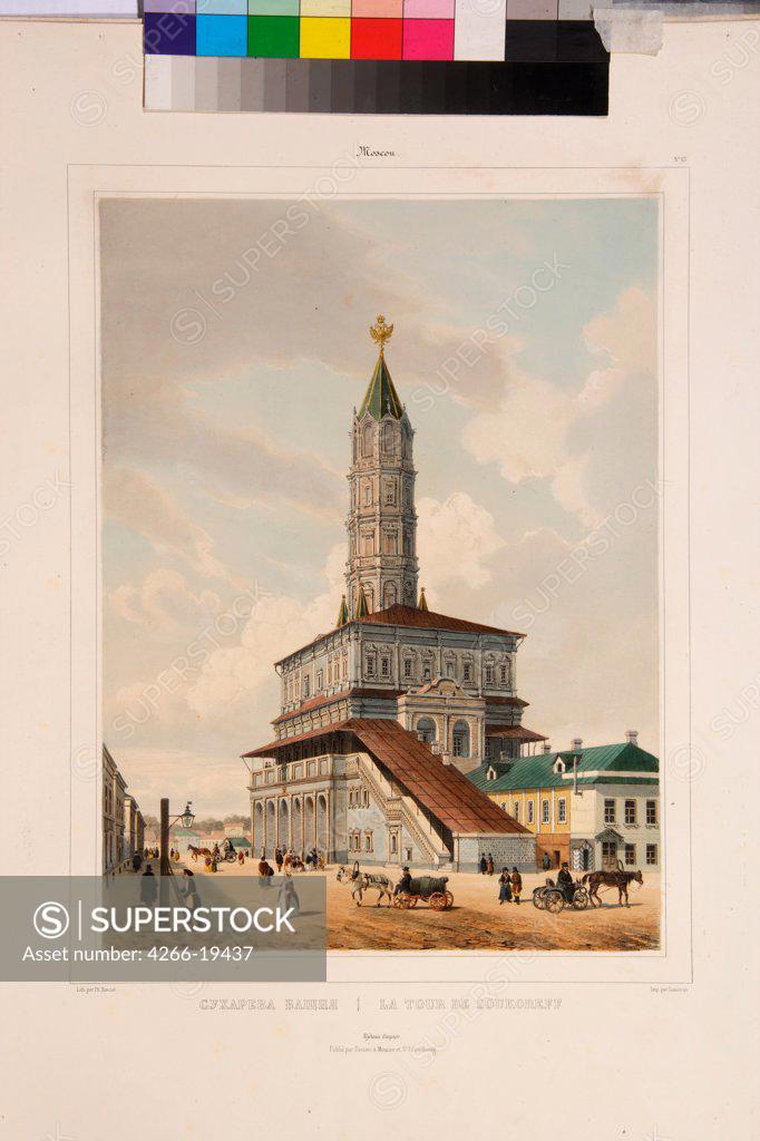 Stock Photo: 4266-19437 The Sukharev Tower in Moscow by Benoist, Philippe (1813-after 1879)/ Museum of Private Collections in A. Pushkin Museum of Fine Arts, Moscow/ 1840s/ France/ Lithograph, watercolour/ Neoclassicism/ Architecture, Interior,Landscape