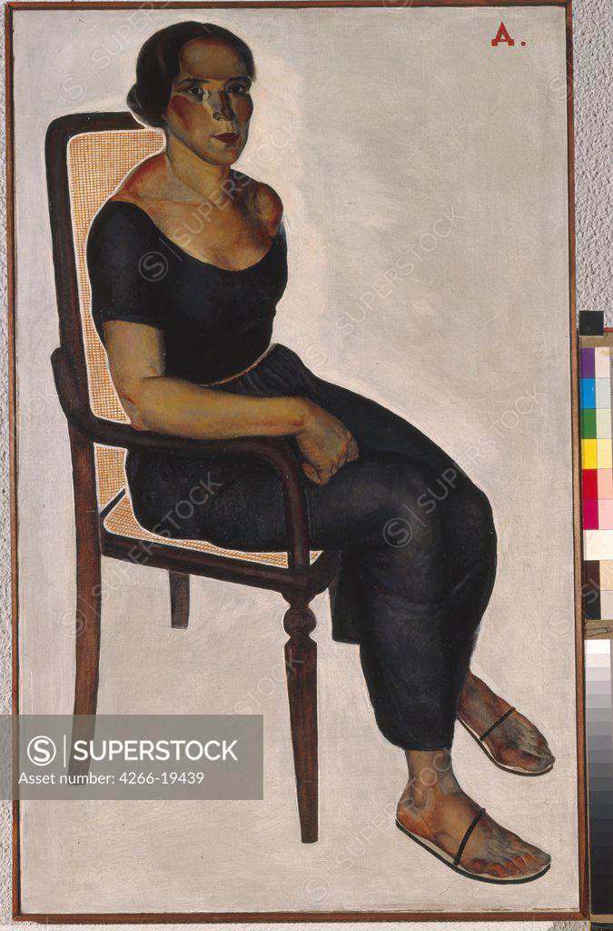 Stock Photo: 4266-19439 Girl Sitting On A Chair by Deineka, Alexander Alexandrovich (1899-1969)/ State Tretyakov Gallery, Moscow/ 1924/ Russia/ Oil on canvas/ Soviet Art/ 117x72,5/ Genre