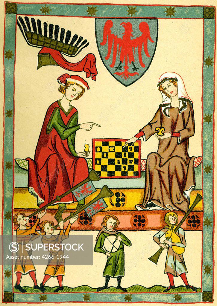 Stock Photo: 4266-1944 Chess game by unknown artist, color lithograph, circa 1300, Germany, Heidelberg, Library of the Ruprecht Karl University