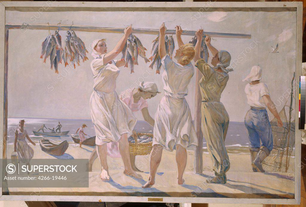 Stock Photo: 4266-19446 Fisherwomen at the Sea by Deineka, Alexander Alexandrovich (1899-1969)/ State Russian Museum, St. Petersburg/ 1956/ Russia/ Oil on canvas/ Soviet Art/ 128x198/ Genre