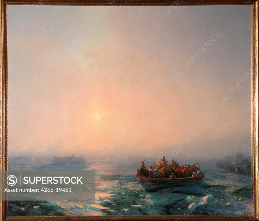 Stock Photo: 4266-19451 Ice drifting on the Dnieper River by Aivazovsky, Ivan Konstantinovich (1817-1900)/ I. Ayvasovsky National Art Gallery, Feodosiya/ 1872/ Russia/ Oil on canvas/ Romanticism/ 71,7x81,2/ Landscape
