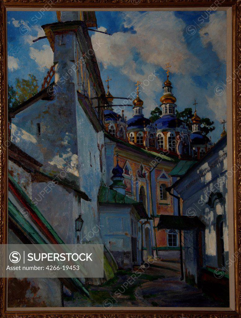 Stock Photo: 4266-19453 View of the Pskovo-Pechersky Monastery by Vinogradov, Sergei Arsenyevich (1869-1938)/ Private Collection/ 1928/ Russia/ Oil on canvas/ Realism/ 91,5x73,5/ Landscape
