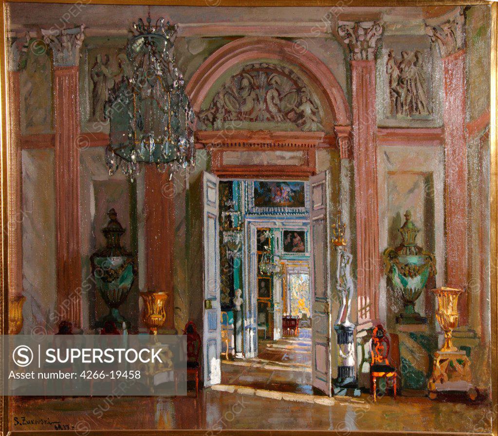 Stock Photo: 4266-19458 The Great Vestibule in the Kuskovo Palace by Zhukovsky, Stanislav Yulianovich (1873-1944)/ Private Collection/ 1917/ Poland/ Oil on canvas/ Realism/ 79x106,5/ Architecture, Interior