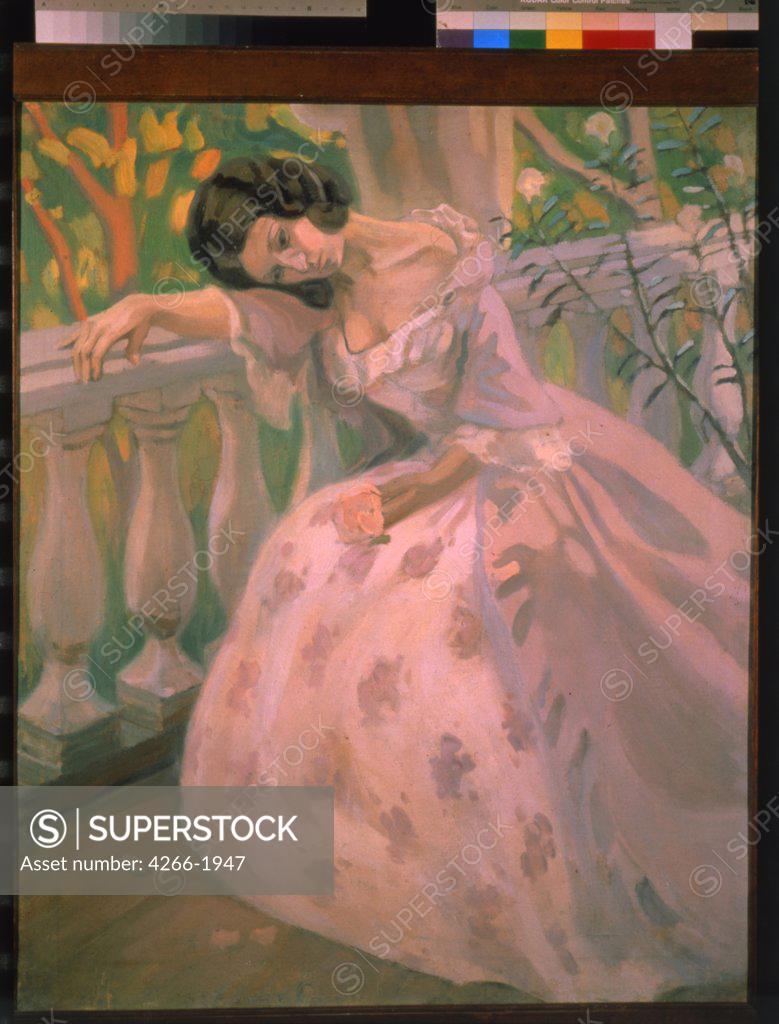 Stock Photo: 4266-1947 Woman on the Verandah by Viktor Elpidiforovich Borisov-Musatov, Tempera on canvas, 1900, 1870-1905, Private Collection, 97x81