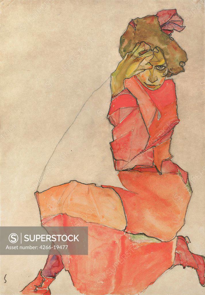 Stock Photo: 4266-19477 Kneeling Female in Orange-Red Dress by Schiele, Egon (1890_1918)/ Leopold Museum, Vienna/ 1910/ Austria/ Pencil, Gouache on paper/ Art Nouveau/ 44,6x31/ Portrait,Genre
