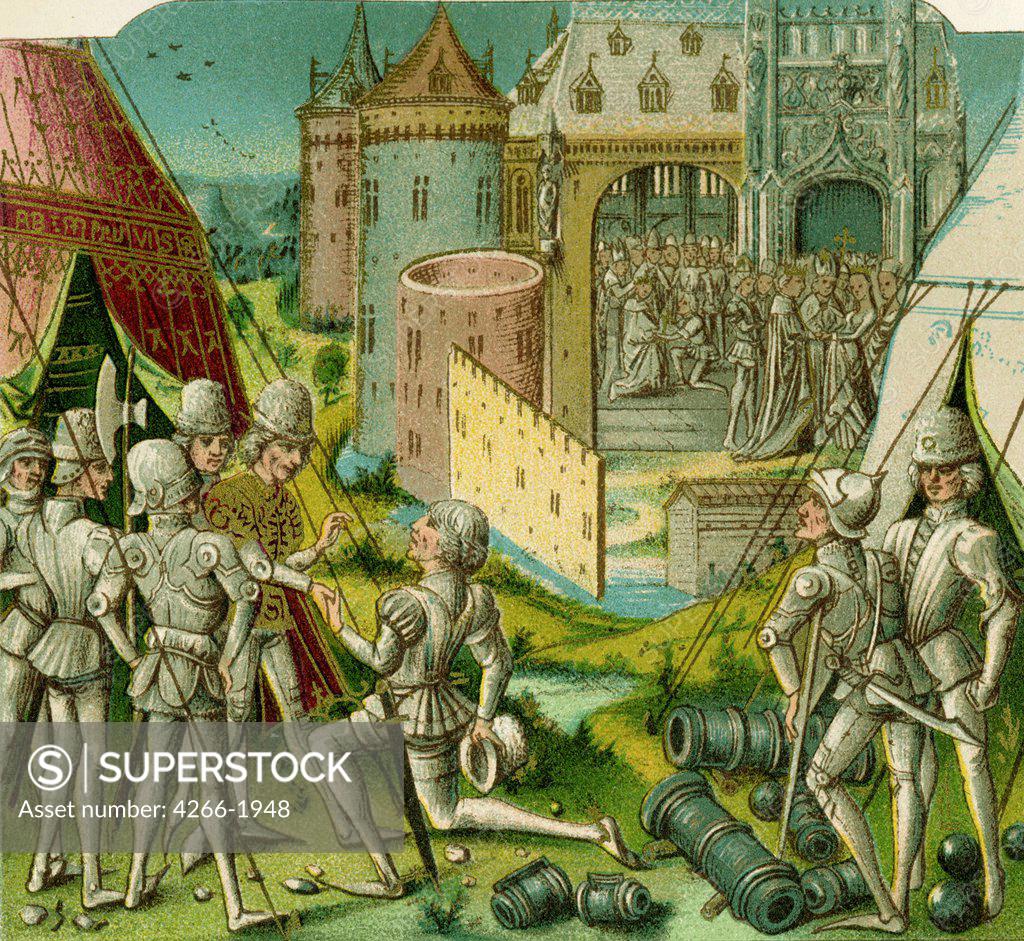 Stock Photo: 4266-1948 Illustration from manuscript by Loyset Liedet, color lithograph, late 15th century, 1420-1479, Private Collection