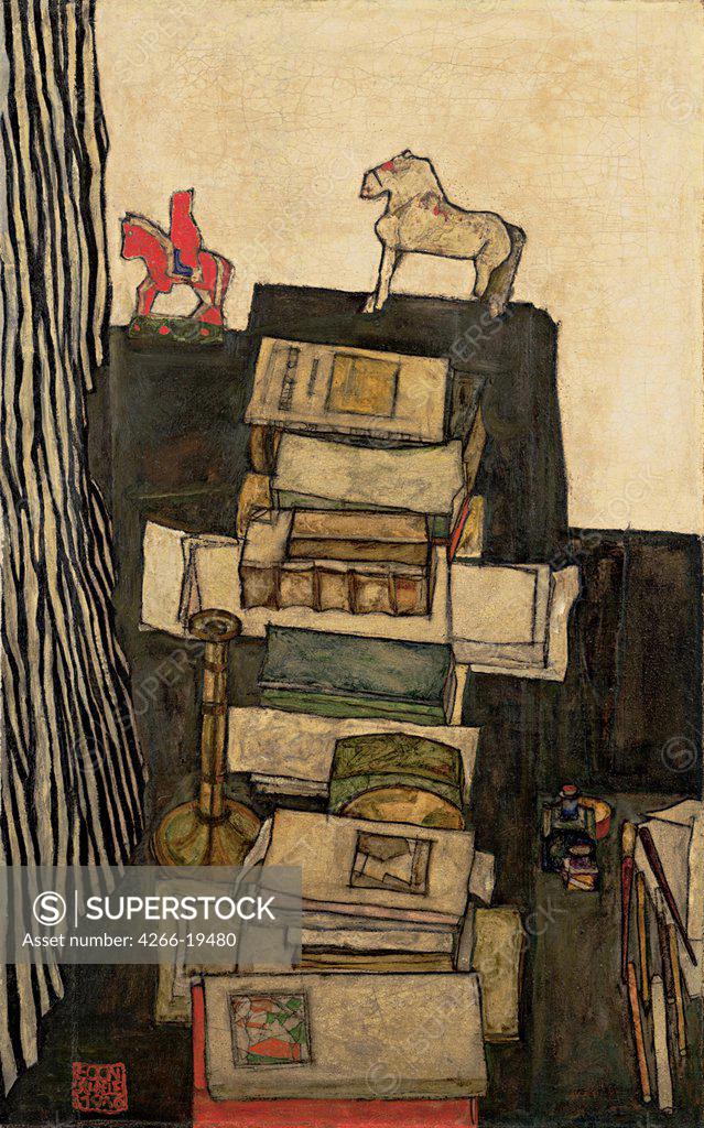 Stock Photo: 4266-19480 Still Life with Books (Schiele's Desk) by Schiele, Egon (1890_1918)/ Leopold Museum, Vienna/ 1914/ Austria/ Oil on canvas/ Art Nouveau/ 117,5x78/ Still Life