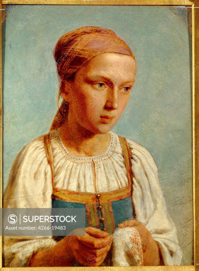 Stock Photo: 4266-19483 Embroidery Country Girl by Venetsianov, Alexei Gavrilovich (1780-1847)/ State Tretyakov Gallery, Moscow/ 1843/ Russia/ Oil on cardboard/ Romanticism/ 27x21,4/ Genre