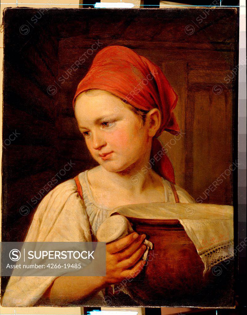 Stock Photo: 4266-19485 Milkgirl by Venetsianov, Alexei Gavrilovich (1780-1847)/ State Russian Museum, St. Petersburg/ 1820/ Russia/ Oil on canvas/ Romanticism/ 31,5x24,5/ Genre