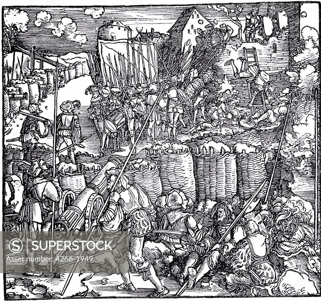 Stock Photo: 4266-1949 Siege by Hans Weiditz the Younger, Woodcut, 1532, circa 1500-1536, Private Collection