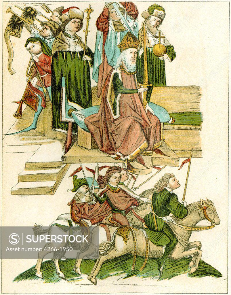 Stock Photo: 4266-1950 Illustration depicting kings and knights by anonymous, color lithograph, circa 1440, Private Collection