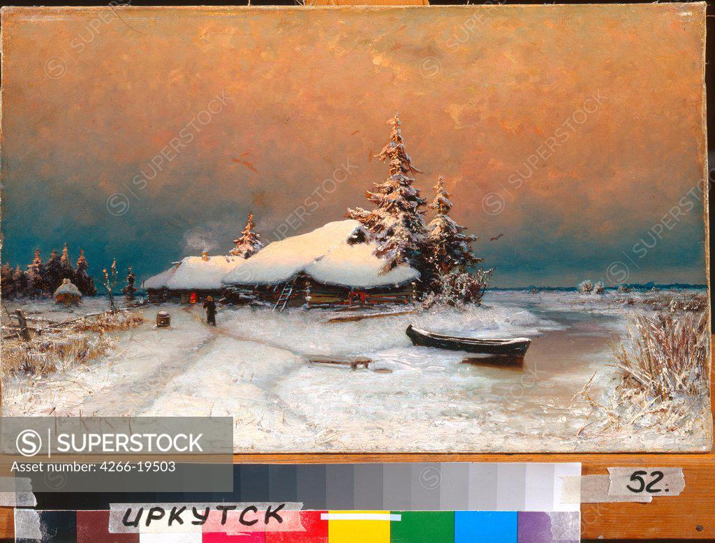 Stock Photo: 4266-19503 Winter Sunset by Klever, Juli Julievich (Julius), von (1850-1924)/ State Art Museum, Irkutsk/ 1887/ Russia/ Oil on canvas/ Realism/ 28x45,5/ Landscape
