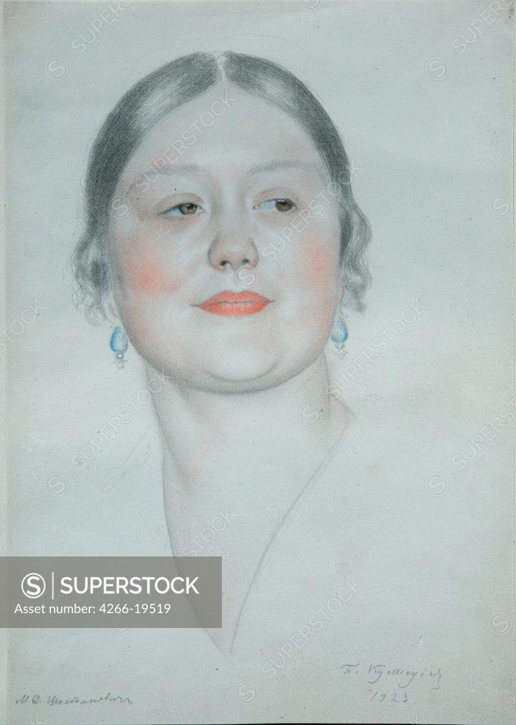 Stock Photo: 4266-19519 Portrait of Maria Dmitrievna Shostakovich by Kustodiev, Boris Michaylovich (1878-1927)/ State D. Shostakovich Memorial Museum, Moscow/ 1923/ Russia/ Colour pencils on paper/ Realism/ Portrait
