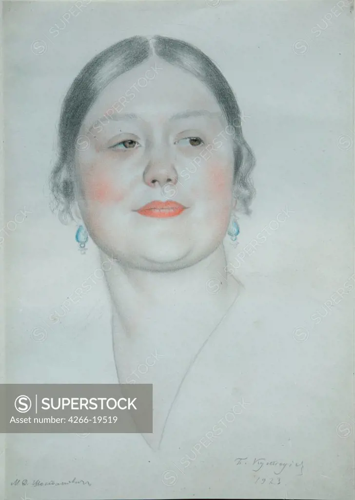 Portrait of Maria Dmitrievna Shostakovich by Kustodiev, Boris Michaylovich (1878-1927)/ State D. Shostakovich Memorial Museum, Moscow/ 1923/ Russia/ Colour pencils on paper/ Realism/ Portrait